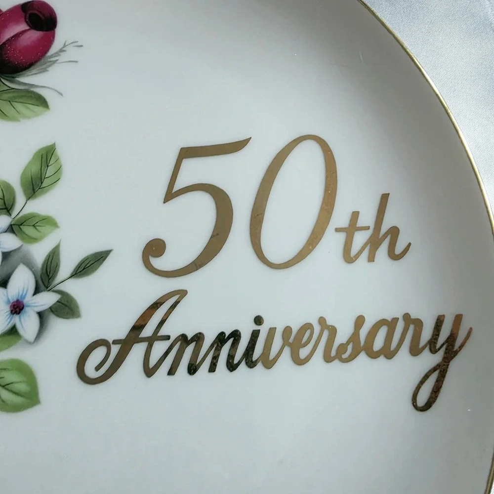 Vintage 50th Anniversary Porcelain Plate Floral Gold Trim Celebration Home Decor